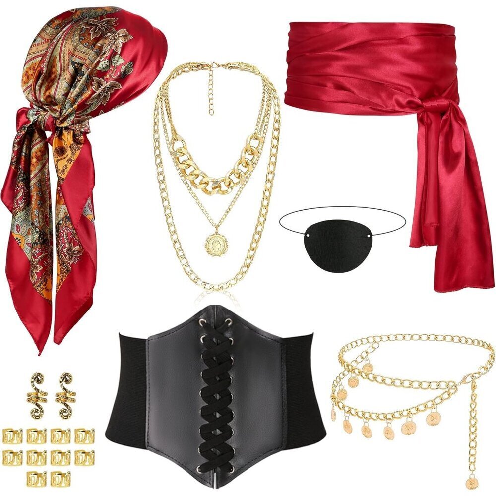 Pirate Costume Accessories Set Women 8 Pcs Headscarf Chain Sash Necklace Belt